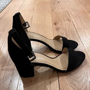 Black block heel sandals with ankle strap